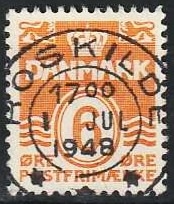 FRIMÆRKER DANMARK | 1940 - AFA 254 - Bølgelinie 6 øre orangegul - Lux Stemplet Roskilde